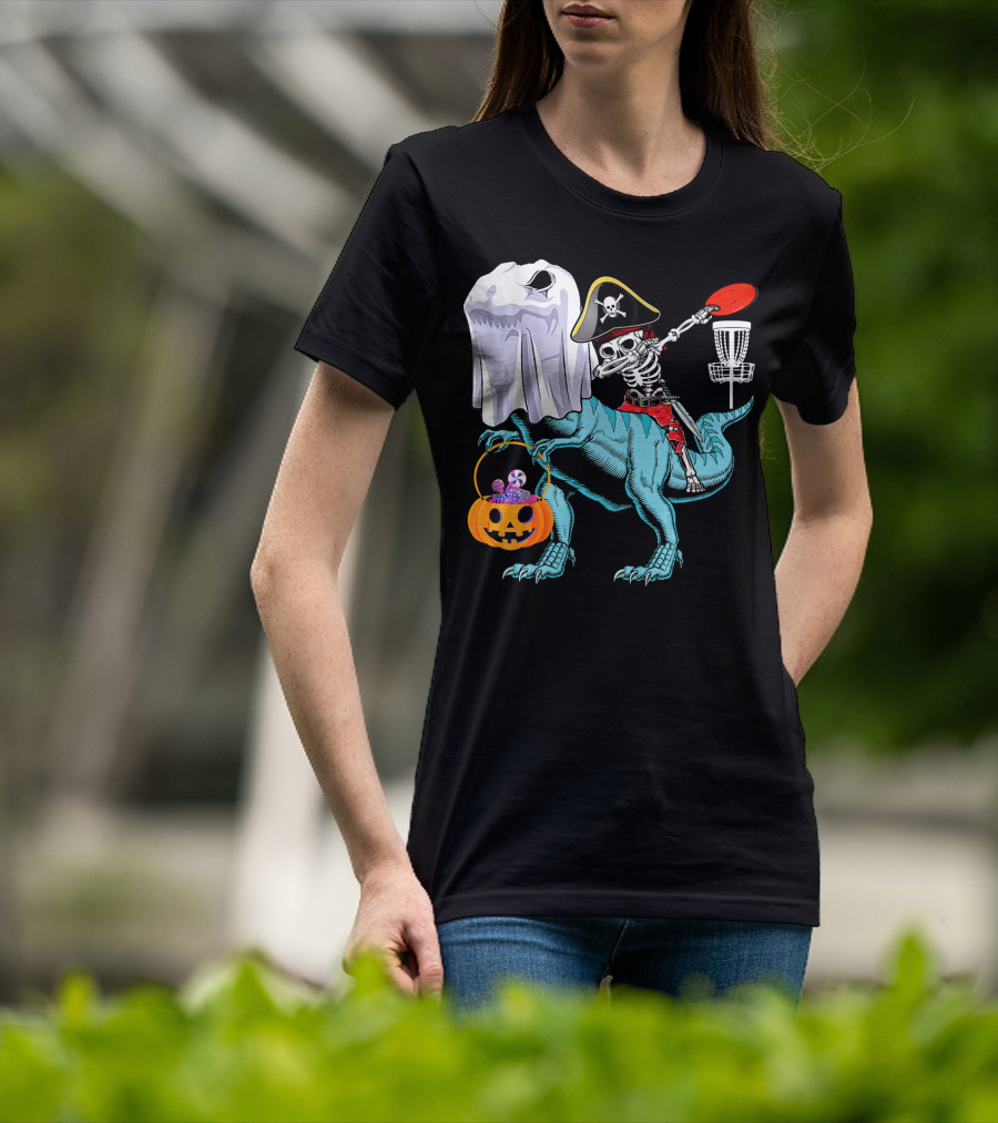 Dab Jolly Roger Skeleton Pirate On Dinosaur With Ghost Pumpkin And Frisbee T-Shirt