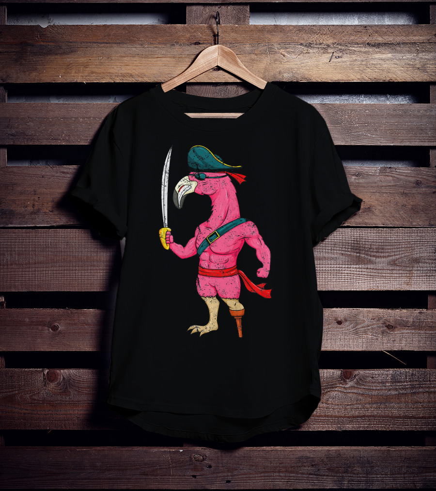 Vintage Pirate Pink Flamingo With Pirate Hat And Wooden Leg Sword T-Shirt
