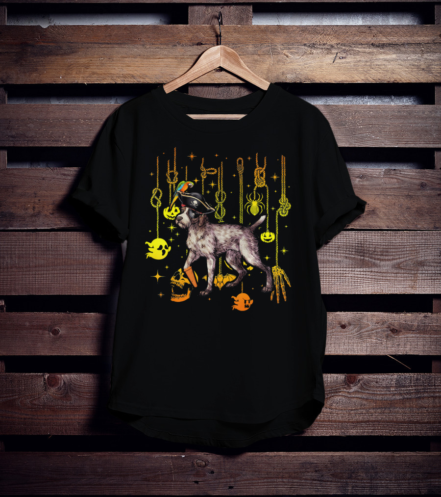 German Wirehaired Pointer Pirate Halloween Ghosts And Skulls T-Shirt