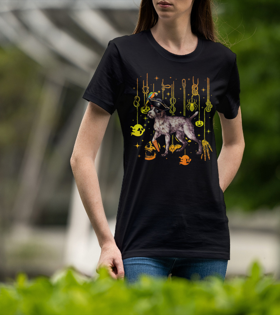 German Wirehaired Pointer Pirate Halloween Ghosts And Skulls T-Shirt