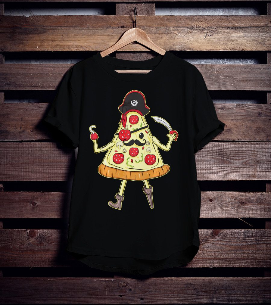Funny Mustache Pirate Pizza Slice With Hook And Sword T-Shirt