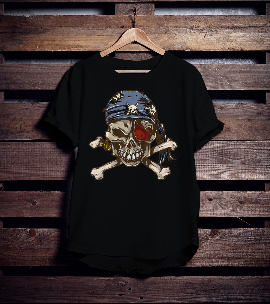 Jolly Roger Skull With Eye Patch And Crossbones Bandana T-Shirt