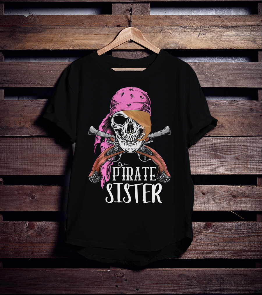 Pirate Sister Skull With Pink Bandana And Crossed Pistols T-Shirt