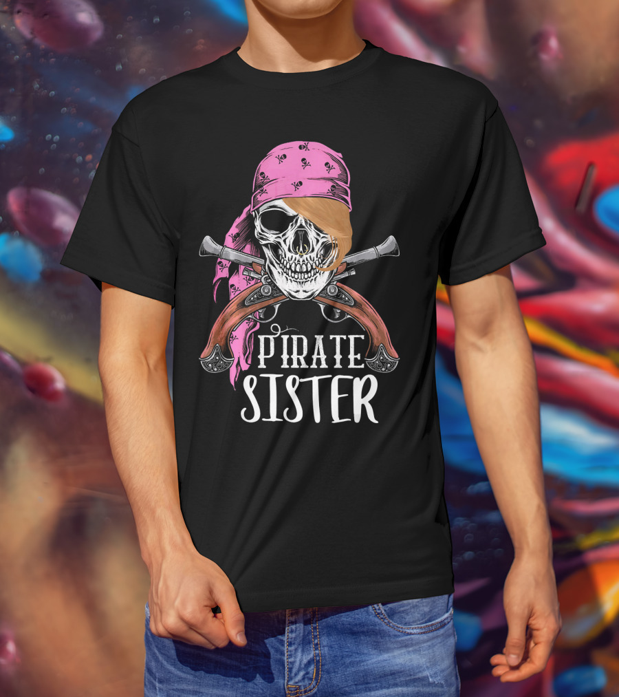 Pirate Sister Skull With Pink Bandana And Crossed Pistols T-Shirt
