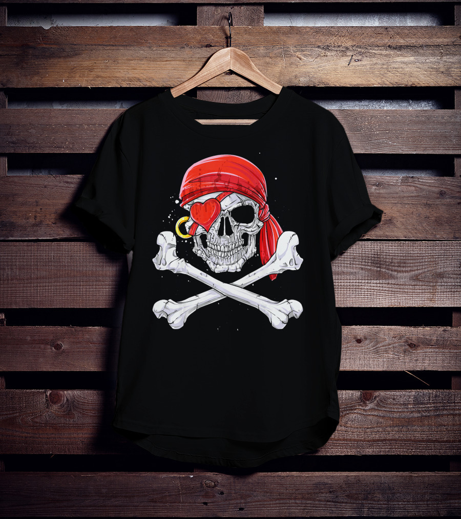 Valentines Day Pirate Skull With Red Bandana And Heart Eye Patch For Him T-Shirt