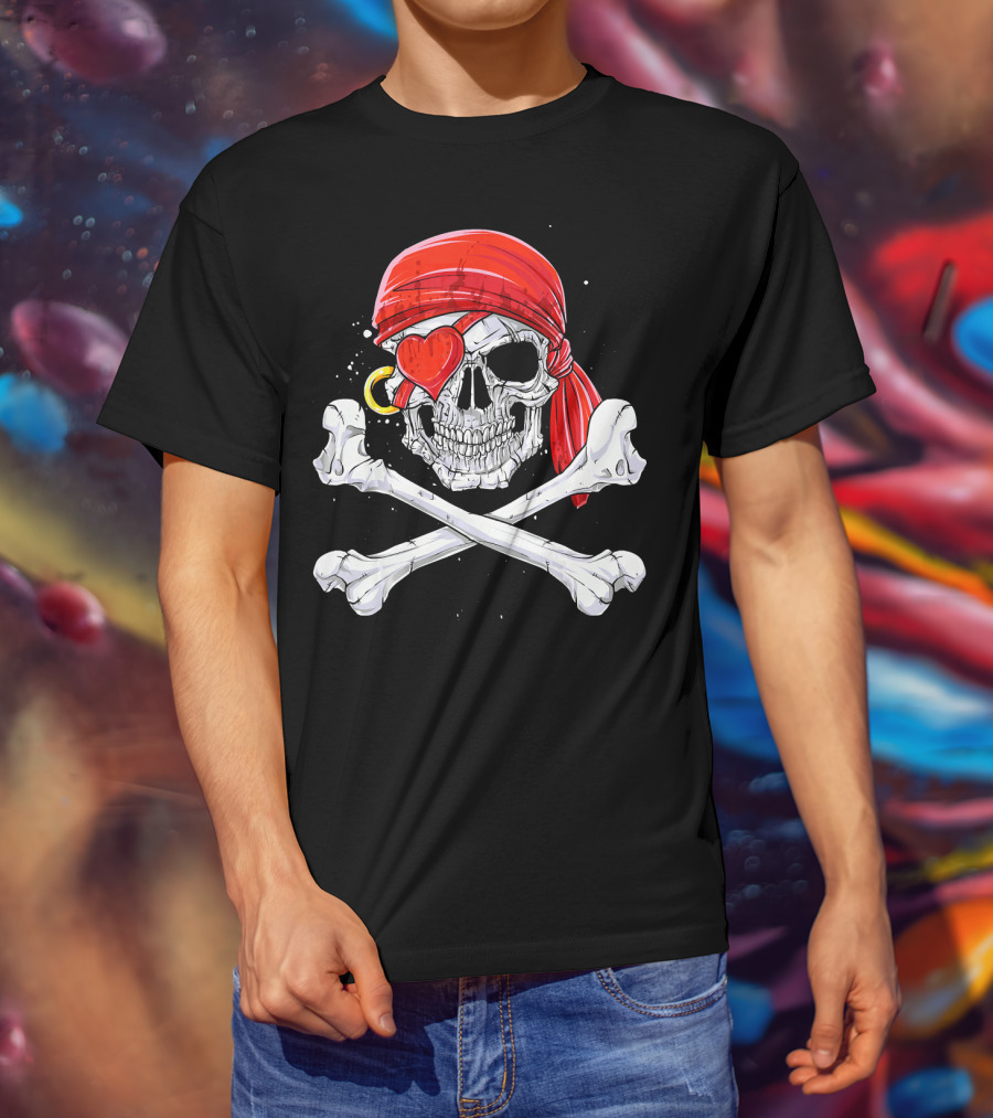 Valentines Day Pirate Skull With Red Bandana And Heart Eye Patch For Him T-Shirt