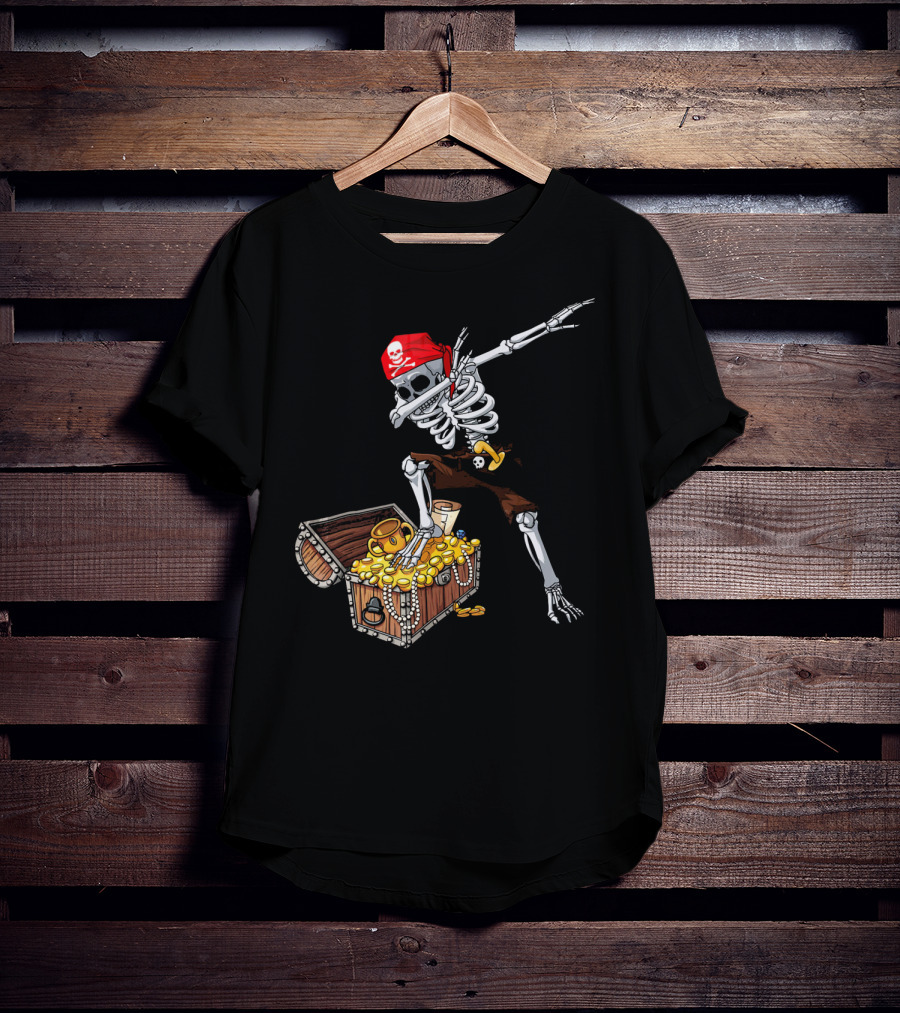 Dabbing Pirate Skeleton With Treasure Chest And Red Skull Bandana T-Shirt