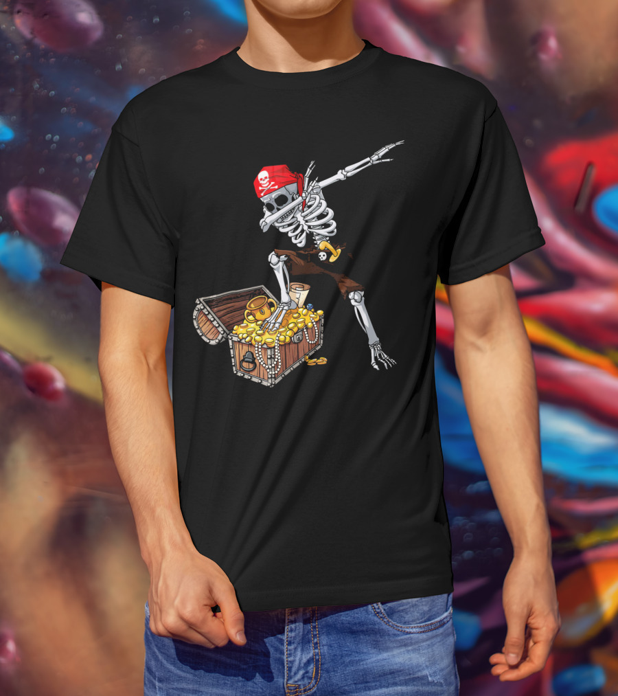 Dabbing Pirate Skeleton With Treasure Chest And Red Skull Bandana T-Shirt
