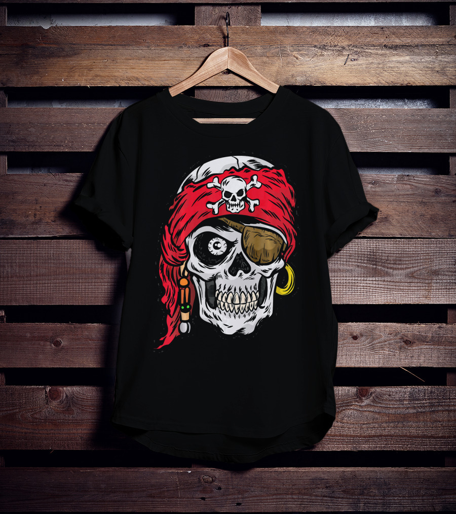 Pirate Skull With Red Bandana And Crossbones Eye Patch Jolly Roger T-Shirt