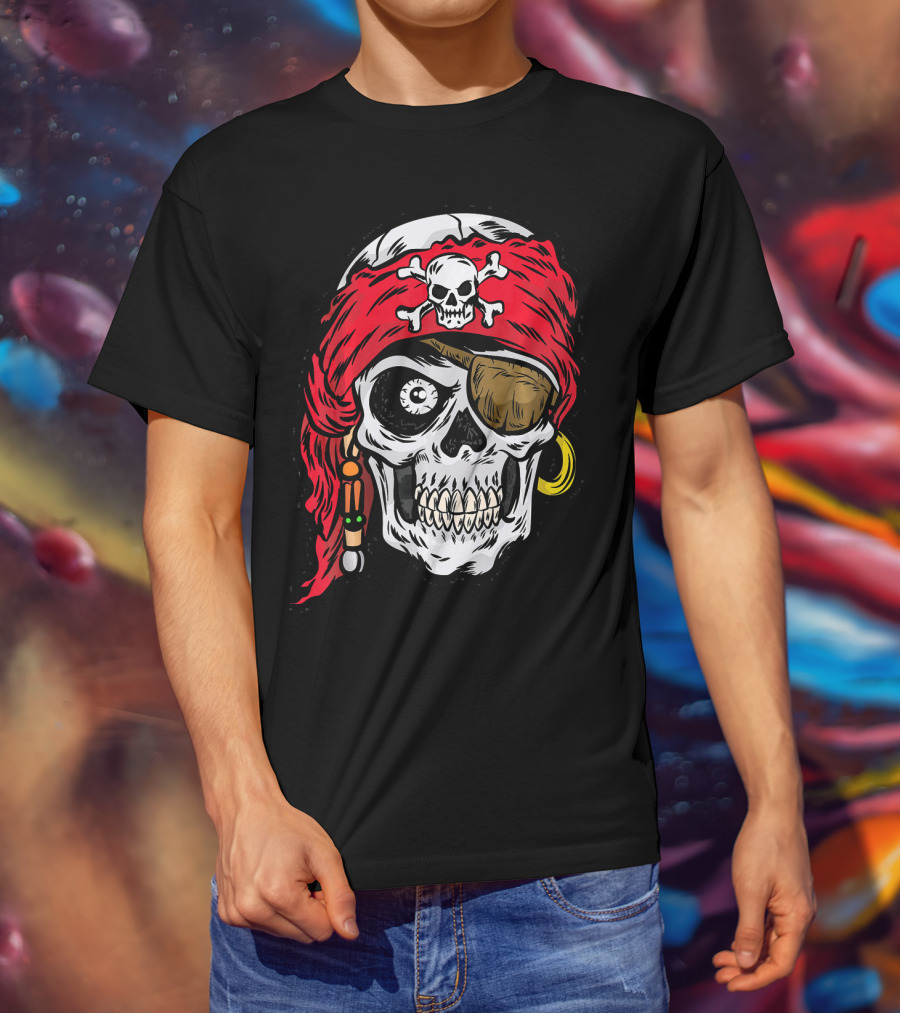Pirate Skull With Red Bandana And Crossbones Eye Patch Jolly Roger T-Shirt