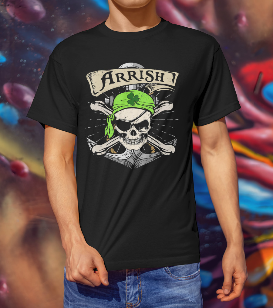 Arrish Irish Pirate Skull With Shamrock Bandana St Patricks T-Shirt