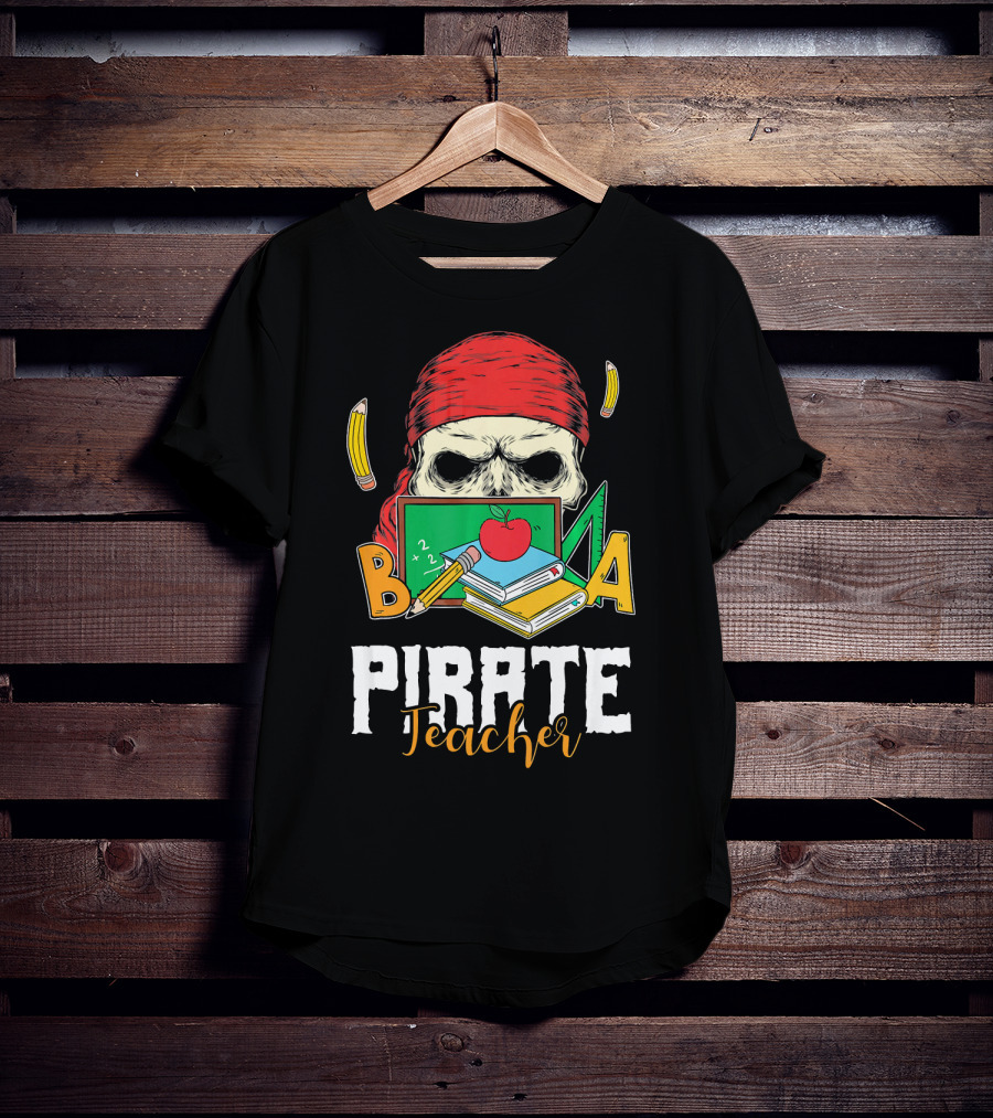 Pirate Teacher Skull Chalkboard Apple Pencils Books Bandana T-Shirt