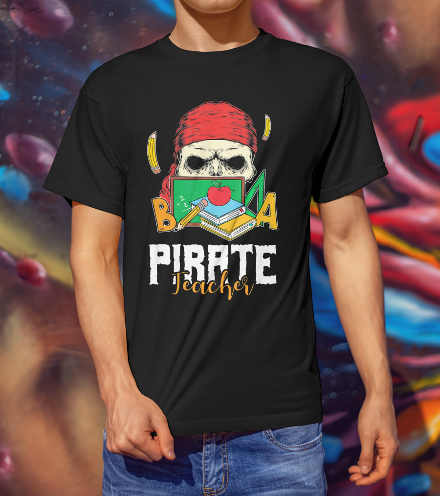 Pirate Teacher Skull Chalkboard Apple Pencils Books Bandana T-Shirt