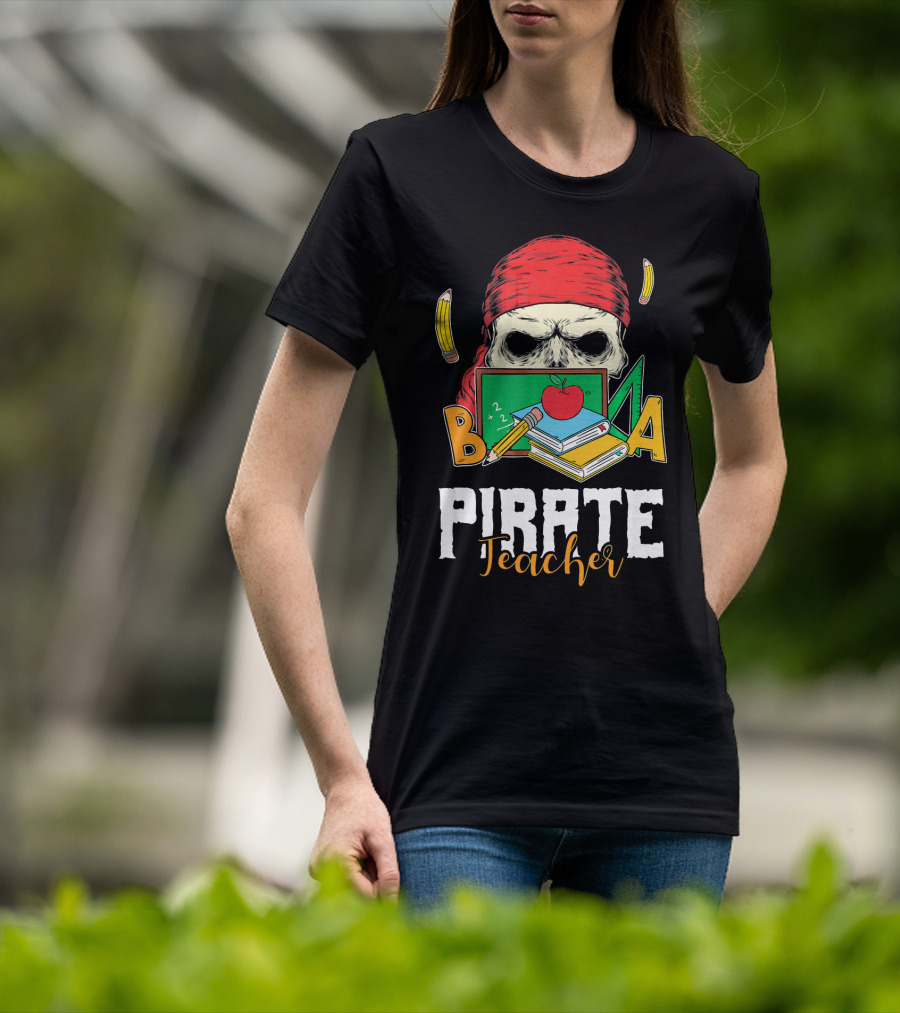 Pirate Teacher Skull Chalkboard Apple Pencils Books Bandana T-Shirt