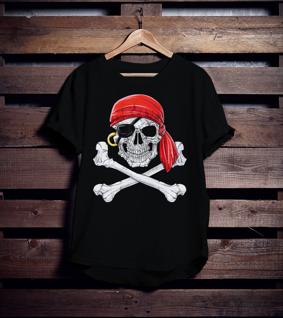 Jolly Roger Flag Skull And Crossbones With Red Bandana And Eyepatch T-Shirt