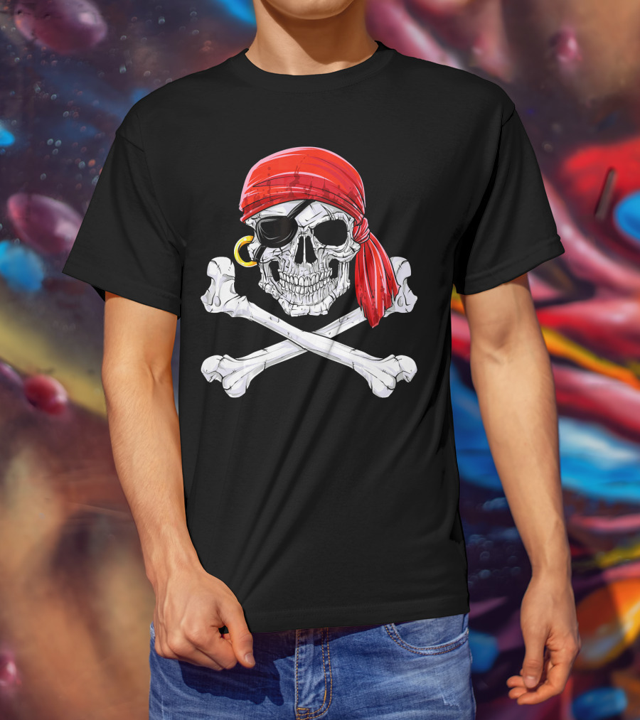 Jolly Roger Flag Skull And Crossbones With Red Bandana And Eyepatch T-Shirt
