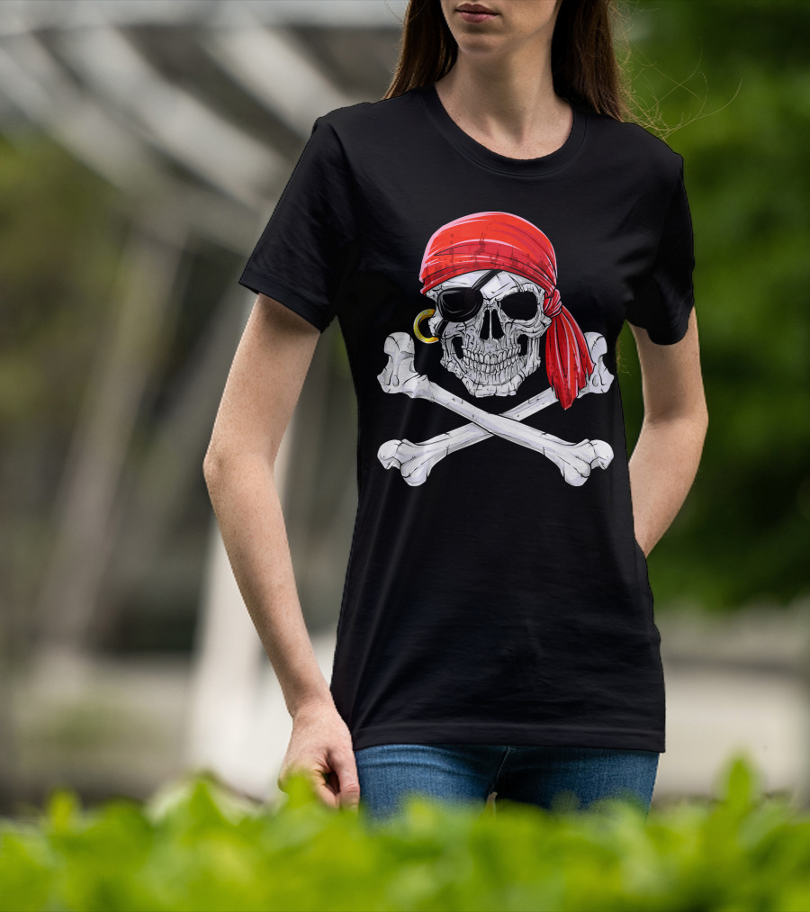 Jolly Roger Flag Skull And Crossbones With Red Bandana And Eyepatch T-Shirt