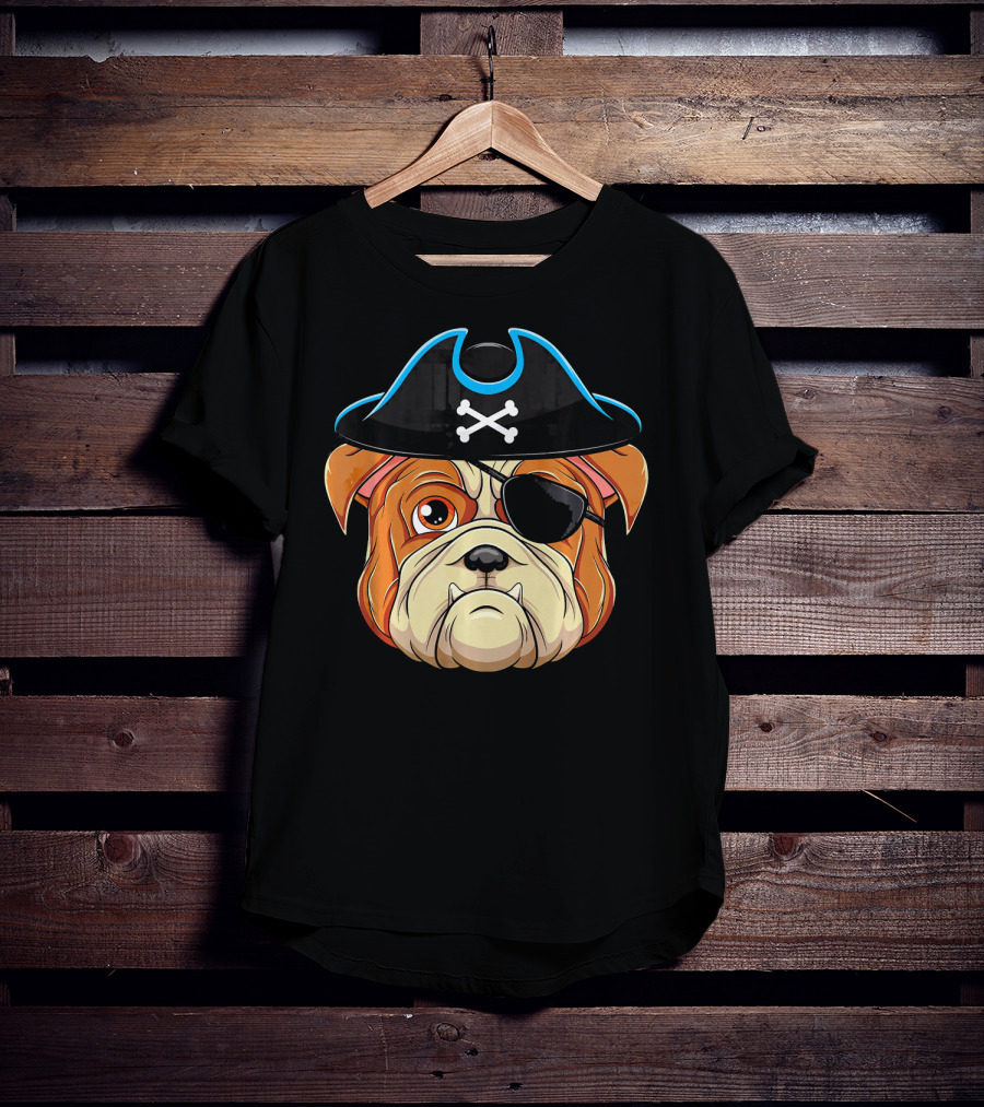 English Bulldog Pirate Hat Eye Patch Skull Crossbones T-Shirt