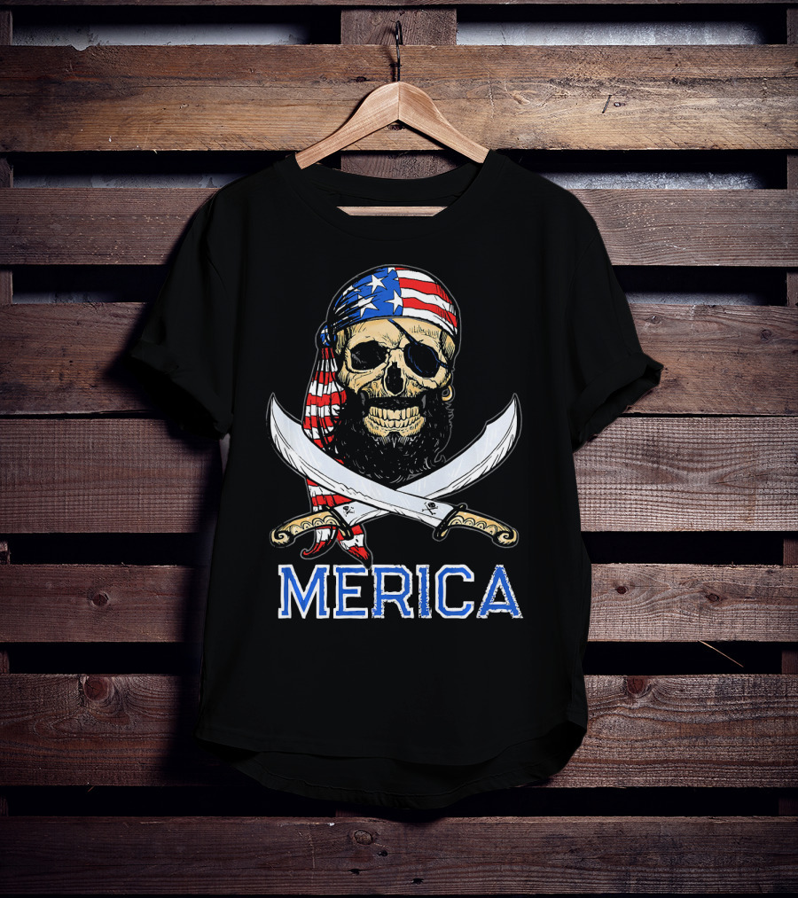 MERICA Bearded Pirate Skull With American Flag Bandana And Crossed Swords T-Shirt