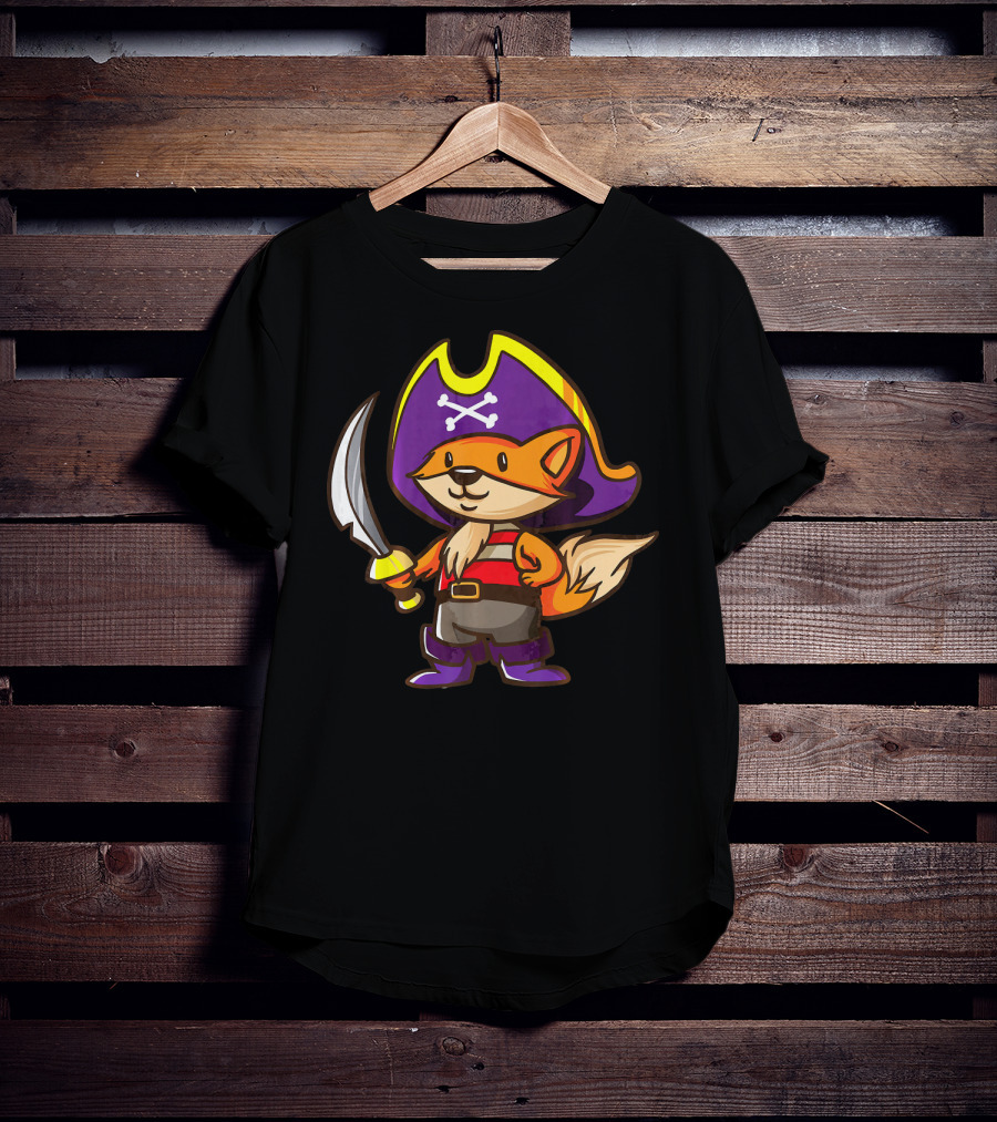 Pirate Fox Halloween Party Costume With Sword And Pirate Hat Featuring Crossbones T-Shirt