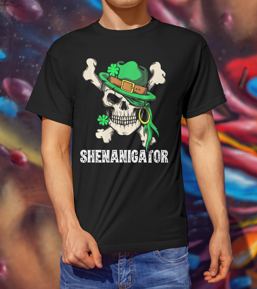 Shenanigator Skull With Irish Hat And Shamrocks For St Patrick's Day T-Shirt