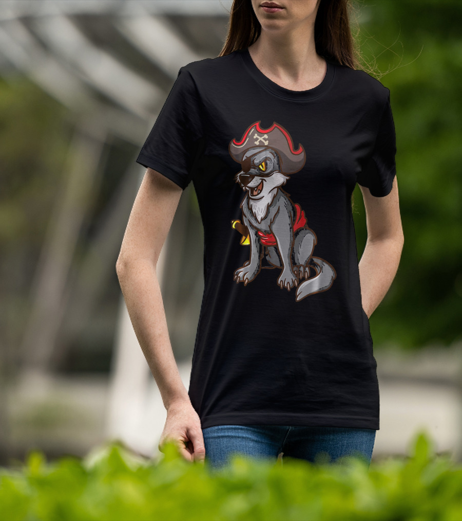 Pirate Wolf Halloween Party Costume With Sword And Hat T-Shirt