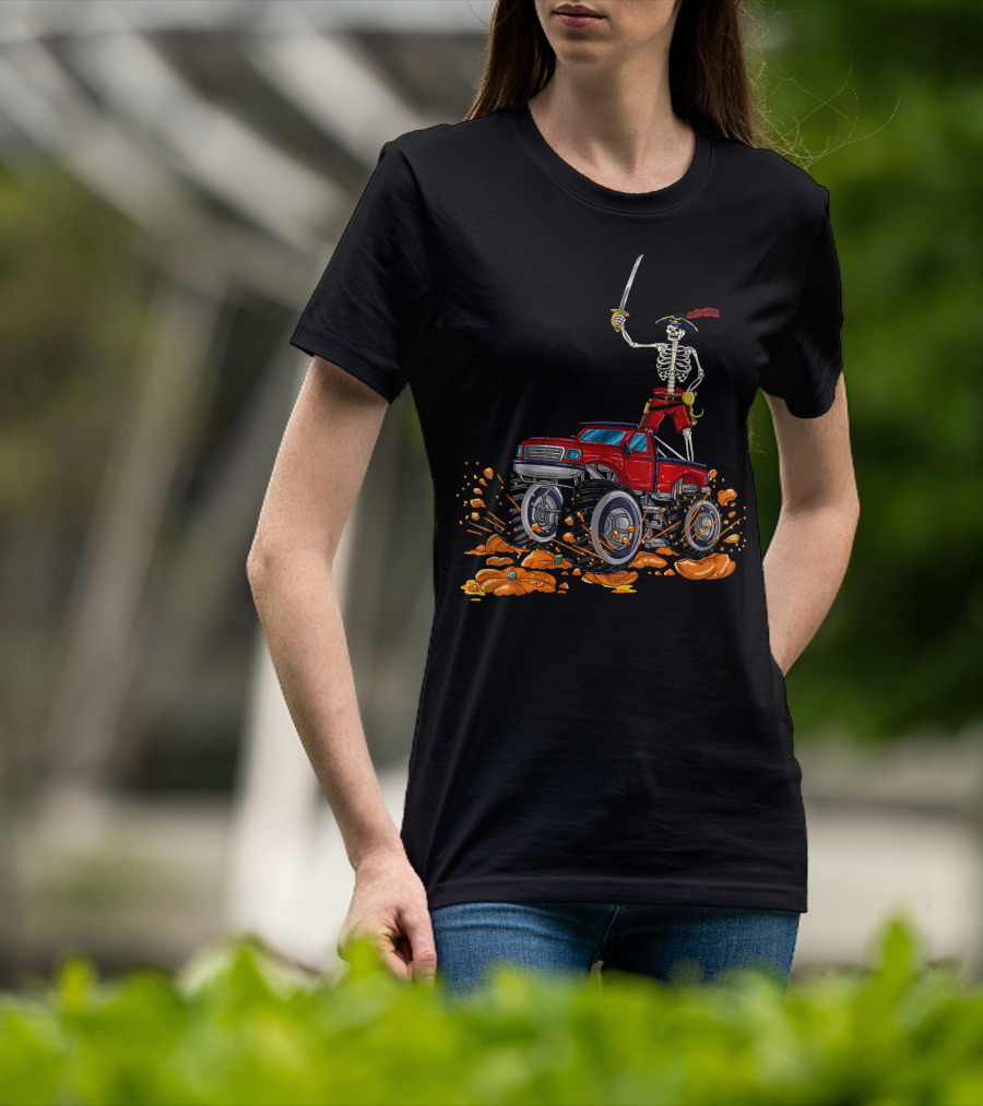 Halloween Skeleton Pirate Riding Monster Truck Over Pumpkins T-Shirt