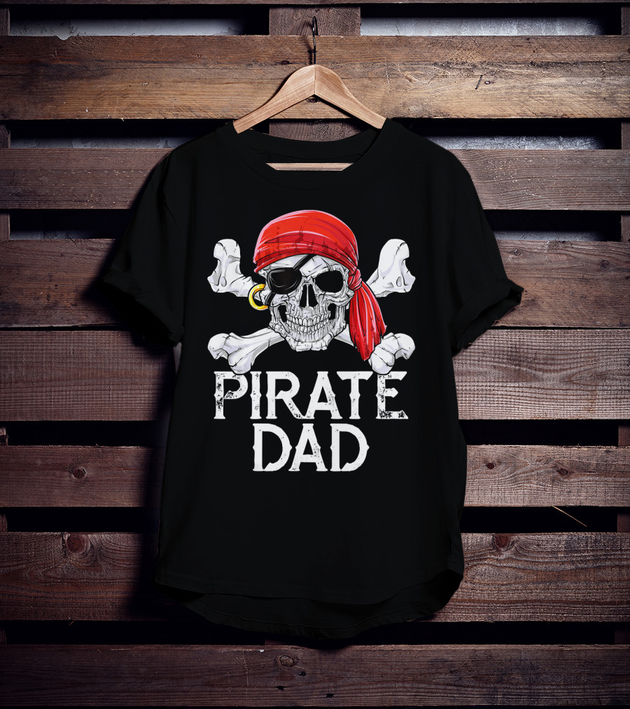 Pirate Dad Jolly Roger Skull With Red Bandana And Crossbones T-Shirt