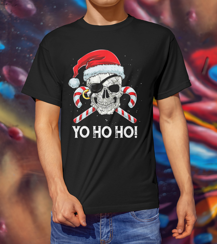 YO HO HO Pirate Santa Skull Candy Canes T-Shirt