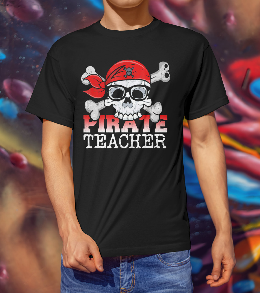 Pirate Skull With Bandana And Glasses Funny Teacher T-Shirt