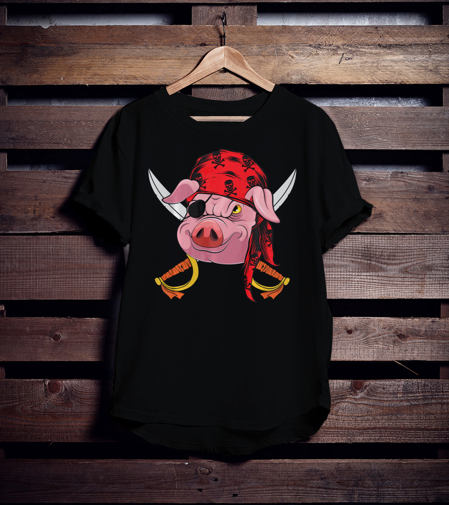 Pirate Pig With Eye Patch And Swords Halloween Costume T-Shirt