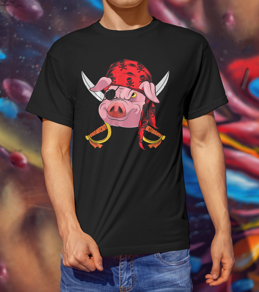 Pirate Pig With Eye Patch And Swords Halloween Costume T-Shirt
