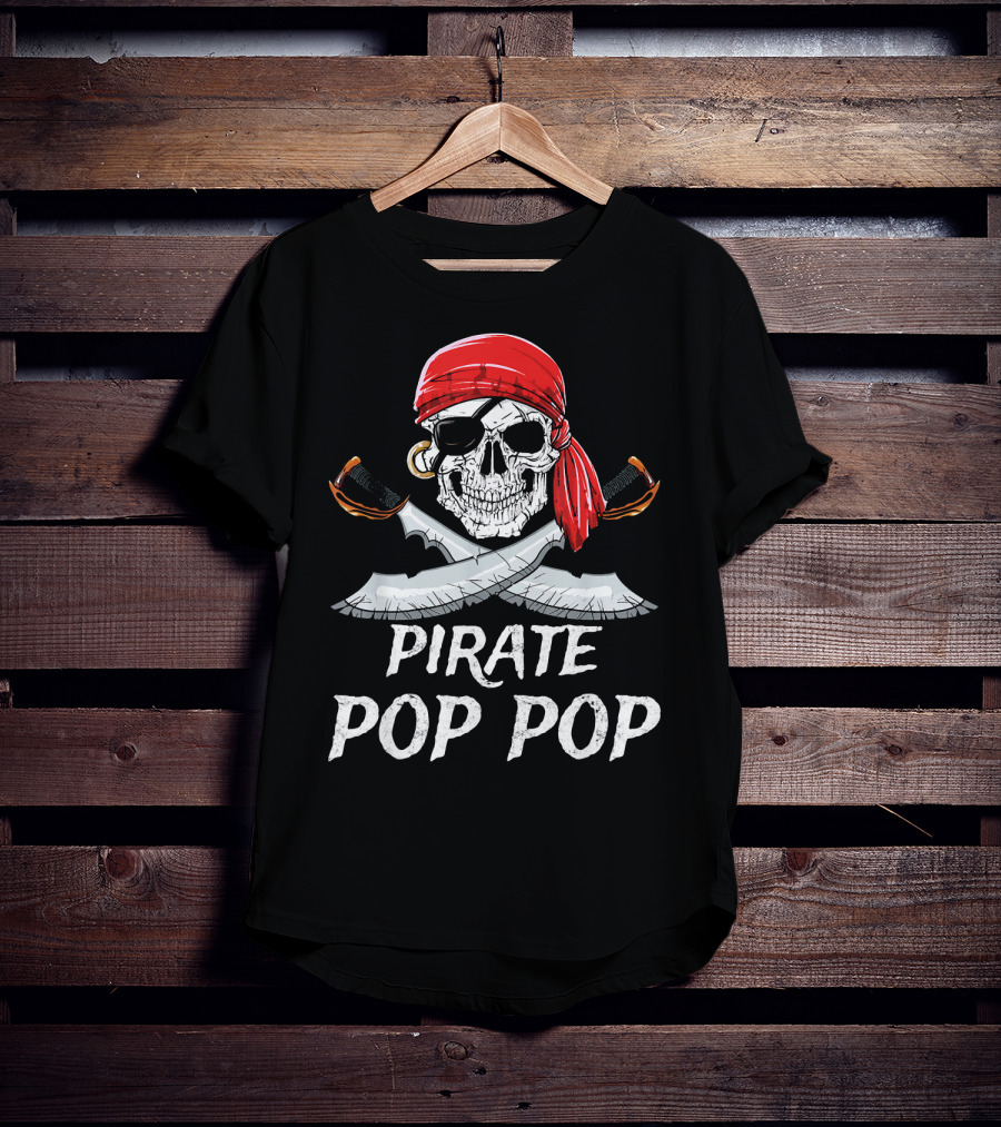 Pirate Pop Pop Skull With Red Bandana And Crossed Swords T-Shirt