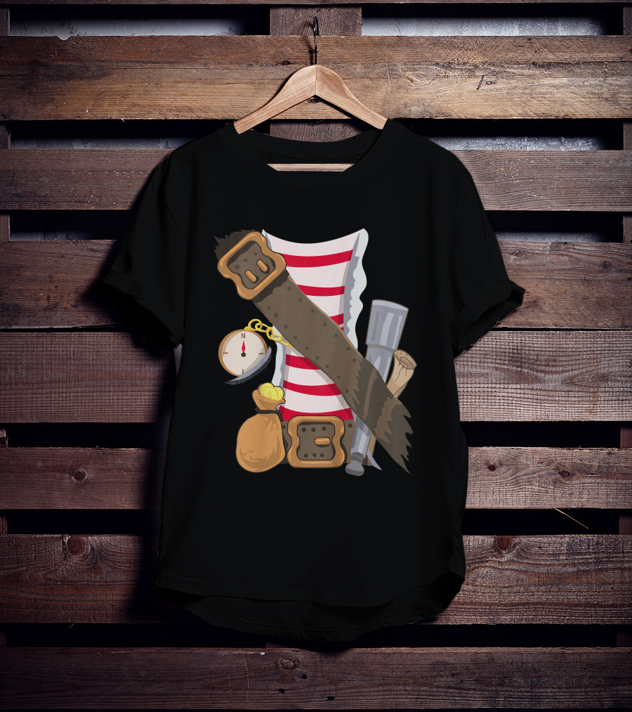 Kids Pirate Buccaneer Striped Shirt With Compass And Treasure Elements T-Shirt