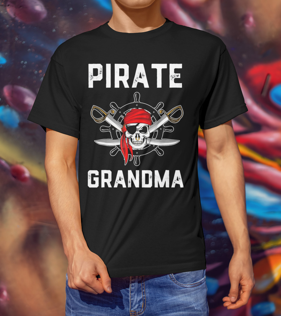 Pirate Grandma Skull With Red Bandana And Crossed Swords T-Shirt