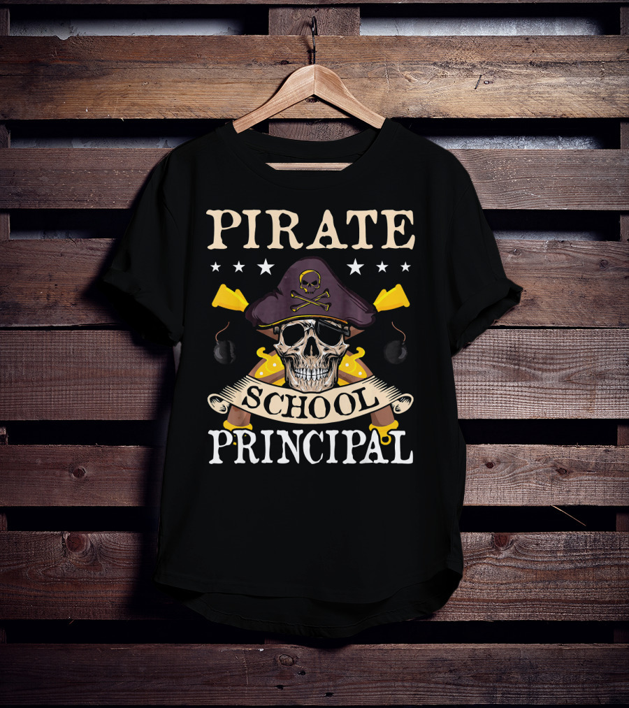 Pirate Skull Crossbones Hat School Principal Banner Swords Bombs T-Shirt