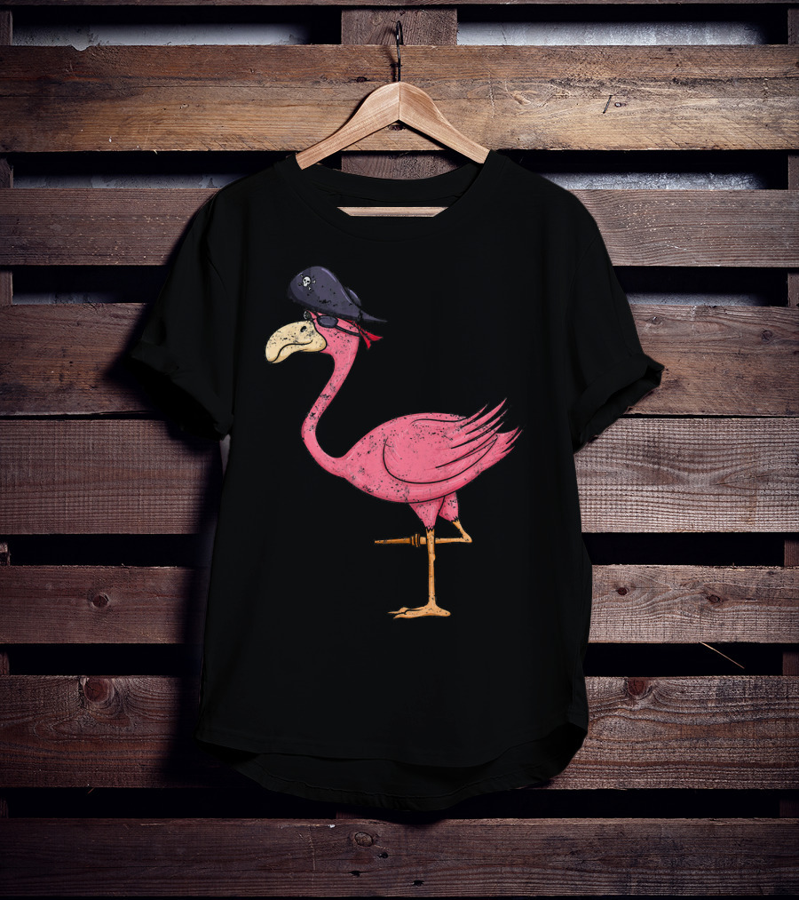 Vintage Pink Flamingo Pirate With Eyepatch And Skull Hat T-Shirt