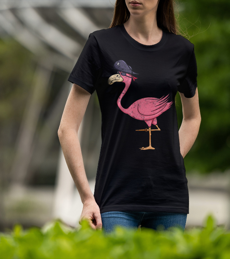 Vintage Pink Flamingo Pirate With Eyepatch And Skull Hat T-Shirt