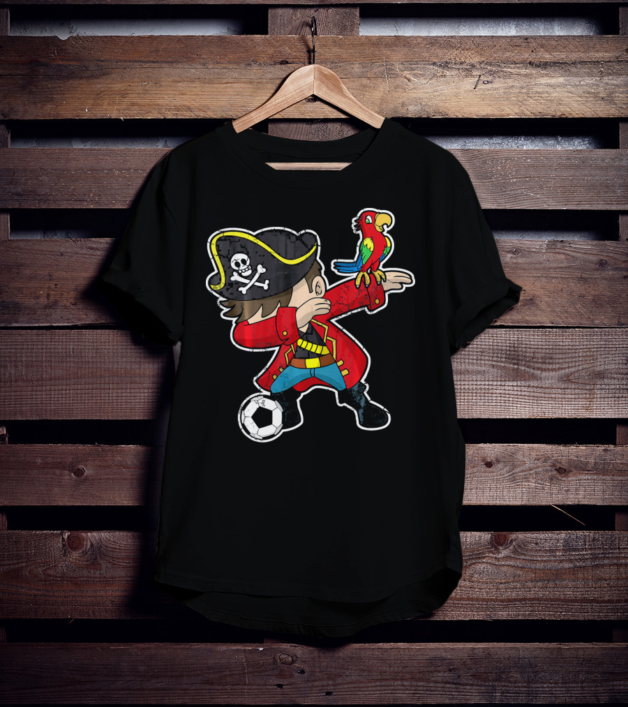 Dabbing Soccer Pirate With Parrot And Skull Hat T-Shirt