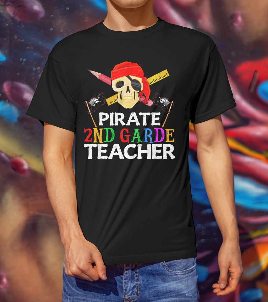 Pirate 2nd Grade Teacher Skull Ruler Swords Red Bandana T-Shirt