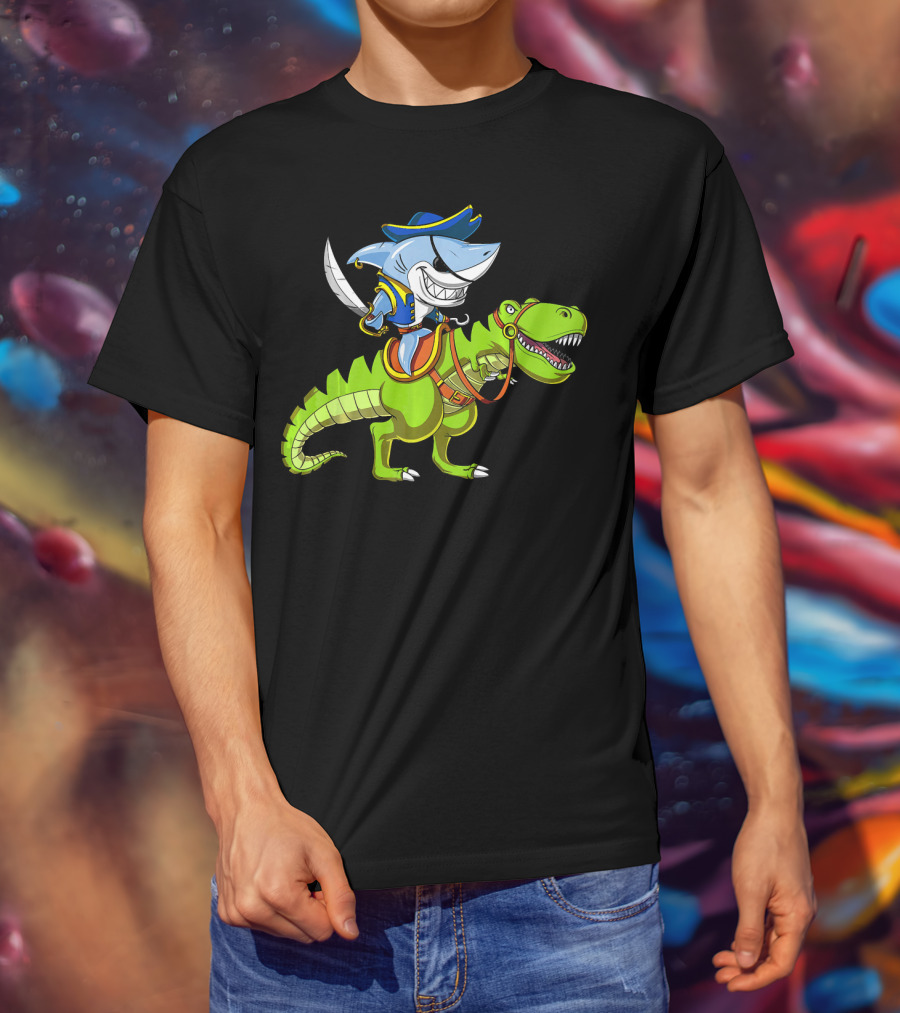 Shark Pirate On T-Rex Dinosaur T-Shirt