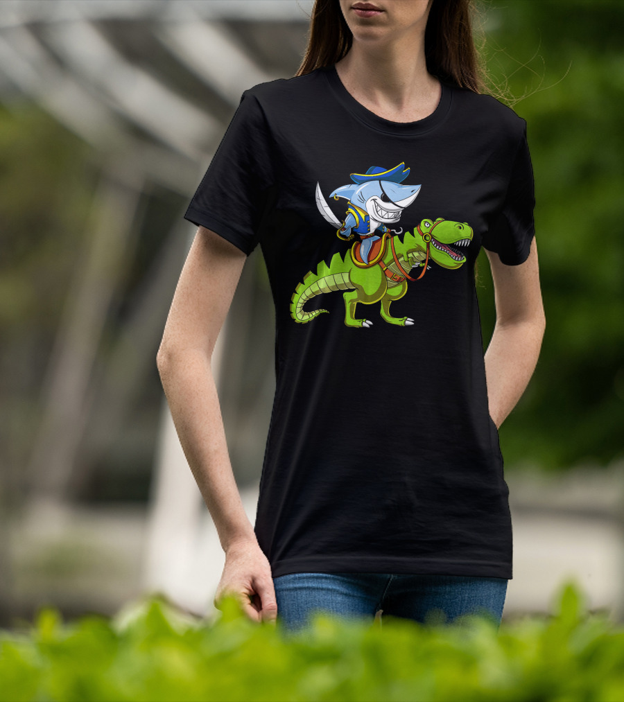 Shark Pirate On T-Rex Dinosaur T-Shirt