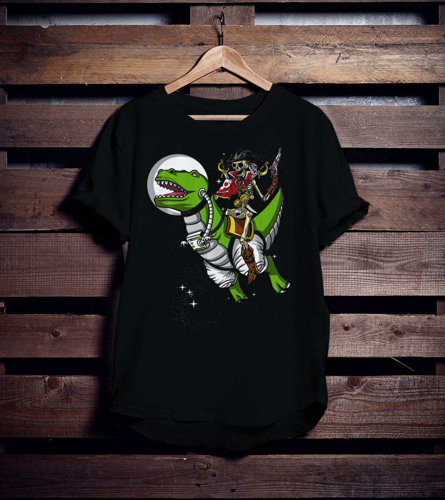 Skeleton Pirate Riding T-Rex Dinosaur With Spacesuit And Blaster T-Shirt