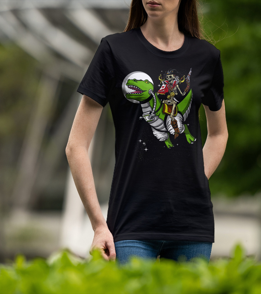 Skeleton Pirate Riding T-Rex Dinosaur With Spacesuit And Blaster T-Shirt