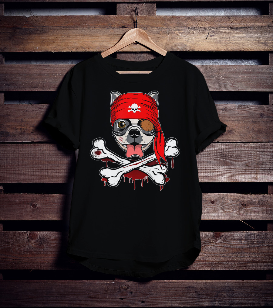 Funny Pirate French Bulldog With Skull Bandana And Crossbones T-Shirt