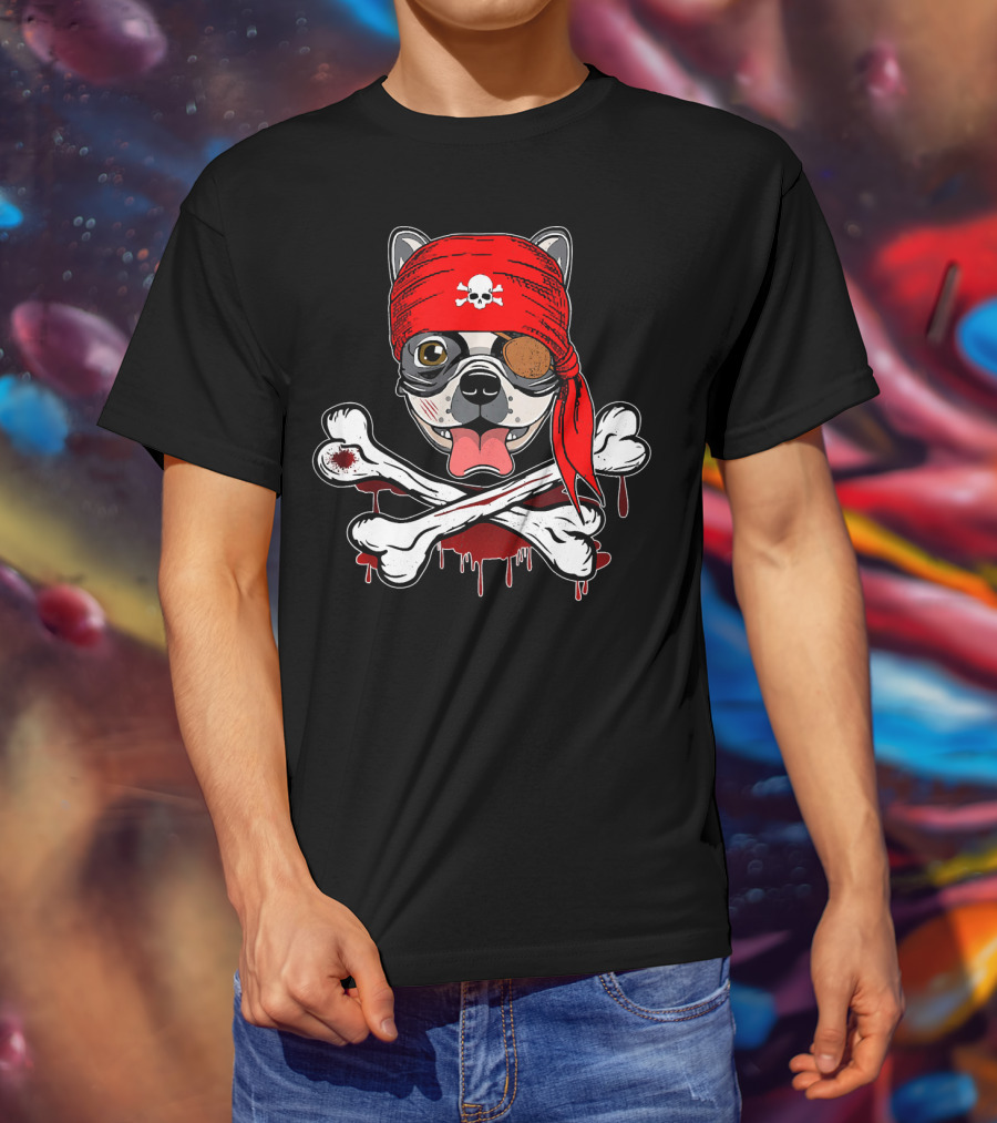 Funny Pirate French Bulldog With Skull Bandana And Crossbones T-Shirt