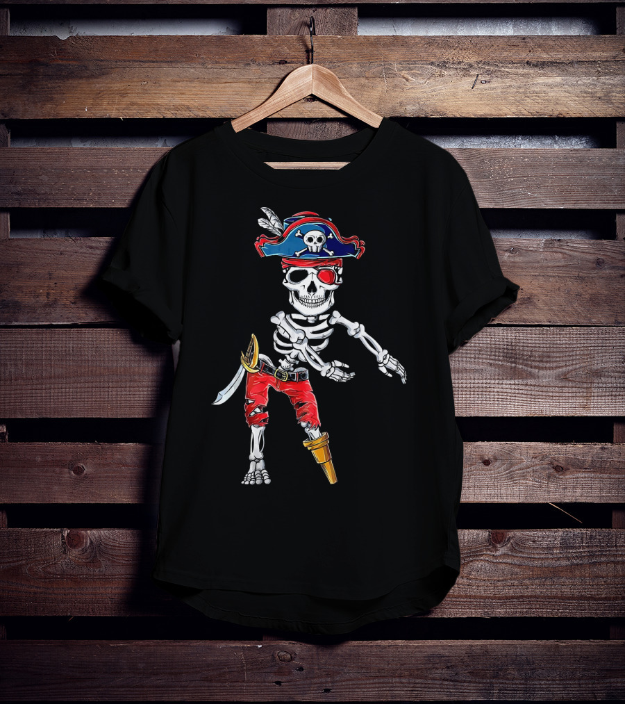 Pirate Skeleton Flossing Dance Red Pants Skull Hat Eyepatch Sword T-Shirt