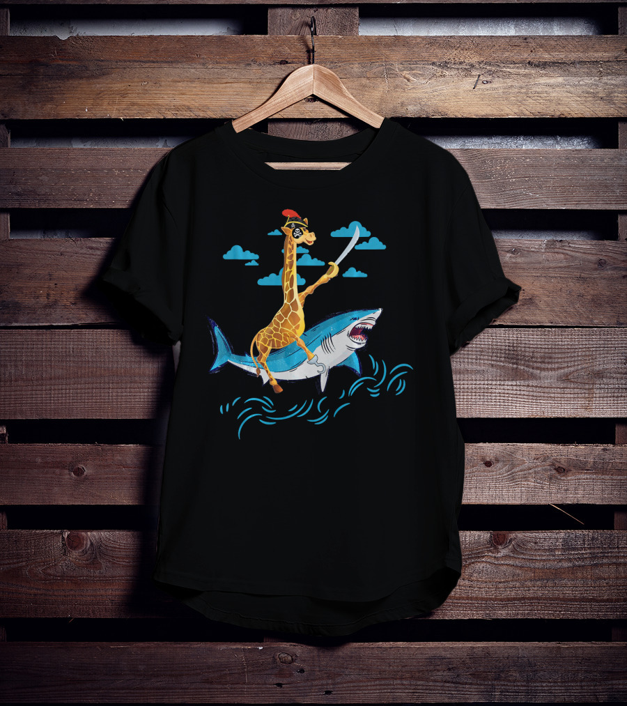 Giraffe Pirate Riding Shark With Sword Adventure T-Shirt