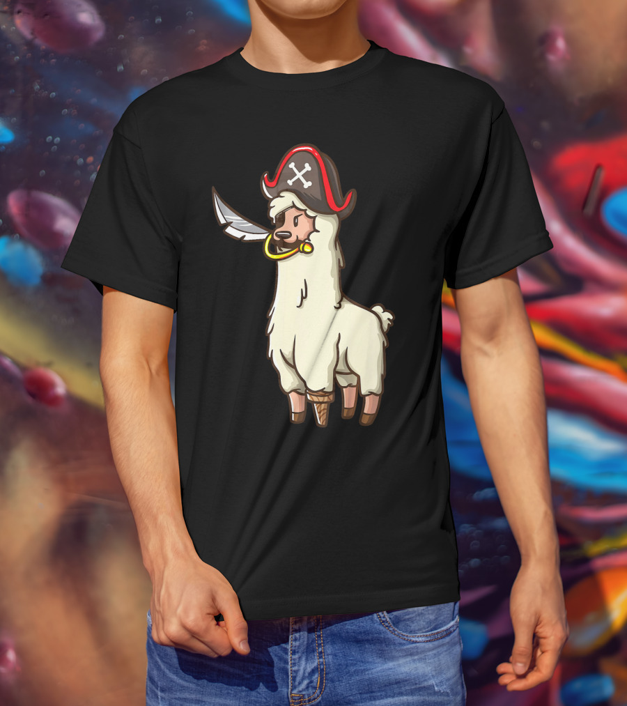 Pirate Llama With Hat And Sword Halloween Party T-Shirt