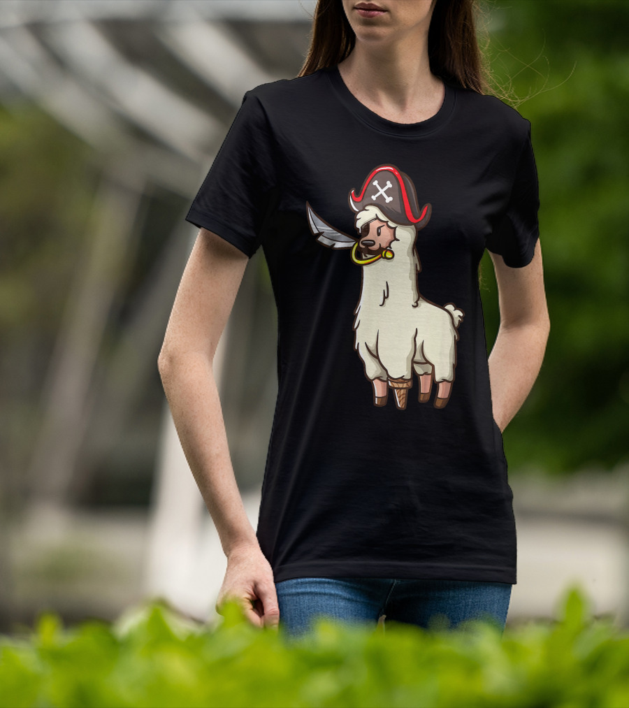 Pirate Llama With Hat And Sword Halloween Party T-Shirt